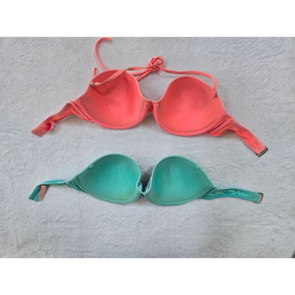 2 Victoria's Secret Swimsuit Tops Size 34DD Teal & Coral Padded Bikini Top - Picture 2 of 5